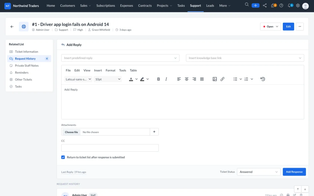 A support ticket with the reply editor and saved-reply picker.
